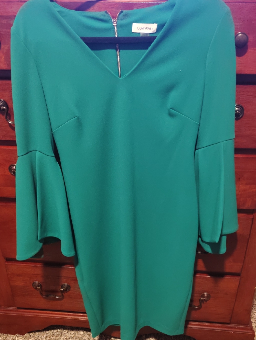 Calvin Klein Teal V-Neck Dress with Flared Sleeves